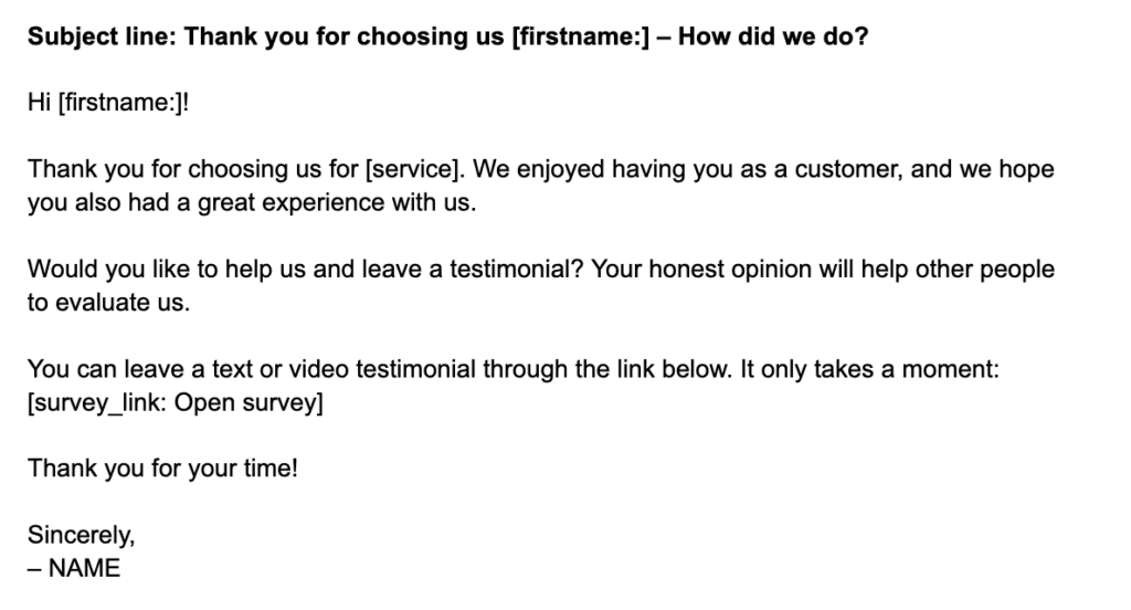 testimonial and video testimonial request for service industry